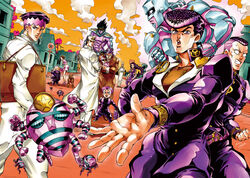  anchor_symbol apron araki_hirohiko_(style) arnold_(jojo) aura baby bag beard black_hair bookbag brown_hair canine carrying cha_kuro_(limo) chef chef_hat clenched_hand clenched_hands clenched_teeth cloud coin commentary_request crazy_diamond crossed_arms dated diamond_wa_kudakenai dollar_sign dress earrings facial_hair facial_mark fat foreshortening frown gakuran glasses harvest_(stand) hat heart higashikata_josuke highres house jewelry jojo_no_kimyou_na_bouken joseph_joestar joseph_joestar_(old) kishibe_rohan kujo_jotaro leaning_back long_coat long_hair looking_back love_deluxe nijimura_okuyasu open_mouth pacifier peace_symbol pompadour purple_eyes purple_hair road road_sign school_uniform serafuku serious shizuka_joestar sign signature sketchbook sky stand_(jojo) star_(symbol) star_platinum street stud_earrings sugimoto_reimi sunglasses sweat teeth tonio_trussardi tree wavy_hair yamagishi_yukako yangu_shigekiyo zipper 