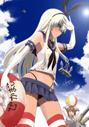  3girls aircraft airplane amatsukaze_(kancolle) anchor_hair_ornament arms_up artist_name ball beachball black_hairband black_panties blonde_hair blue_eyes blue_skirt blue_sky blush brown_eyes brown_hair closed_mouth cloud commentary_request dated day elbow_gloves fairy_(kancolle) gloves grey_hair hair_ornament hair_tubes hairband headgear highres holding holding_ball hot kantai_collection long_hair looking_away multiple_girls navel okara open_mouth panties rensouhou-chan school_uniform serafuku shimakaze_(kancolle) short_hair skirt sky slingshot_swimsuit standing striped_clothes striped_thighhighs sun sweat swimsuit thighhighs tokitsukaze_(kancolle) type_0_observation_seaplane underwear white_gloves 