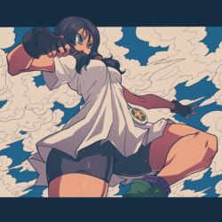  bad_id bad_twitter_id bike_shorts black_hair blue_eyes breasts commentary_request dragon_ball dragon_ball_z female fingerless_gloves gloves kara_age shirt short_twintails shorts solo twintails videl white_shirt 