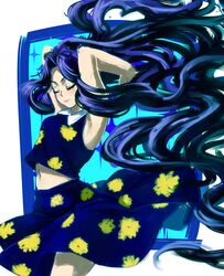  armpits blue_hair closed_eyes commentary_request diamond_wa_kudakenai female floral_print hands_in_hair jojo_no_kimyou_na_bouken lips long_hair love_deluxe midriff navel skirt smile solo very_long_hair wavy_hair yaeten1 yamagishi_yukako 