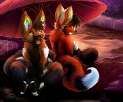  2018 amber_eyes ambiguous_gender anthro canid canine canis chibity domestic_dog duo fluffy fox fray_the_fox fur german_shepherd green_eyes happy herding_dog inner_ear_fluff mammal multicolored_body multicolored_ears multicolored_fur multicolored_pawpads nude open_mouth pastoral_dog pawpads rainbow_ears rainbow_pawpads raining ritter_(krazykit) sitting teeth tuft umbrella 