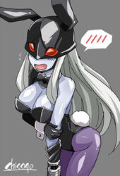  alternate_costume animal_ears bare_shoulders blue_skin blush bow bowtie breasts chicago-x cleavage colored_skin detached_collar digimon digimon_(creature) embarrassed female flying_sweatdrops grey_background grey_hair highleg highleg_leotard holding_own_arm ladydevimon large_breasts leotard long_hair mask oerba_yun_fang open_mouth pantyhose playboy_bunny purple_pantyhose rabbit_ears rabbit_tail red_eyes shiny_clothes shiny_skin sidelocks simple_background solo spoken_blush tail wrist_cuffs 