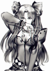  breasts cleavage collarbone commentary earrings fate/grand_order fate_(series) female greyscale holding jewelry long_hair looking_at_viewer medium_breasts monochrome photoshop_(medium) simple_background solo standing tohsaka_rin tohsaka_rin_(formalcraft) upper_body very_long_hair white_background yaoshi_jun 