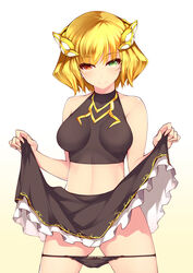  bare_shoulders black_panties black_skirt blonde_hair charlotte_(shironeko_project) closed_mouth dean female female frilled_skirt frills hair_ornament heterochromia looking_at_viewer midriff panties panties_down panty_pull shironeko_project short_hair simple_background skirt smile solo underwear white_background 