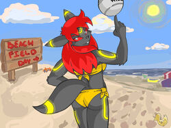  2009 anthro anthrofied arthropod ass avoid_posting ball ball_on_finger beach bikini black_body black_fur black_nose clothed clothing cloud crab crustacean decapoda detailed_background duckdraw eeveelution english_text female fur generation_2_pokemon hair kasedilla licorice_swirl looking_at_viewer looking_back malacostracan marine nintendo outside pokemon pokemon_(species) pokemorph red_hair red_sclera sand seaside sign sky smile solo sport standing sun swimwear text umbreon volleyball_(ball) white_eyes 