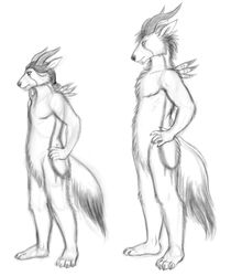  2015 anthro better_version_at_source conditional_dnp digital_media_(artwork) duo fangs feathers female full-length_portrait fur greyscale hi_res highland_psycrhen horn legacy_(ratte) male monochrome nude portrait psycrhen ratte simple_background teeth 