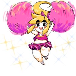  1boy armpits blonde_hair blush cheerleader crossdressing link looking_at_viewer plump pointy_ears ponytail simple_background solo the_legend_of_zelda the_legend_of_zelda:_tri_force_heroes thick_thighs yellow_kirby 