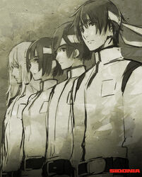  2boys 2girls bandana black_hair commentary_request copyright_name headband hoshijiro_shizuka kunato_norio military military_uniform monochrome multiple_boys multiple_girls shinatose_izana sidonia_no_kishi sio_1234 tanikaze_nagate uniform 