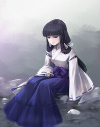  alternate_color black_eyes black_hair blue_hakama commentary_request female hakama hakama_skirt inuyasha japanese_clothes kikyou_(inuyasha) light_smile long_hair looking_down miko purple_hakama saiha sitting skirt solo 