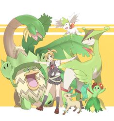  bellossom blonde_hair commentary_request crossover dress_shirt female gloves kantai_collection leafeon looking_at_viewer ludicolo maikaze_(kancolle) open_mouth outstretched_arms pokeblock pokemon pokemon_(creature) ponytail shaymin shaymin_(sky) shirt short_hair skirt smile tropius tsukamoto_minori vest virizion white_gloves 