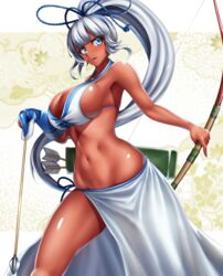  arrow_(projectile) bare_shoulders blue_eyes bow_(weapon) breasts commentary_request dark-skinned_female dark_skin female grey_hair high_ponytail highres large_breasts long_hair majikina_mina midriff navel parted_lips partial_commentary samurai_spirits sideboob solo tama_(tamakaka1031) tan thighs very_long_hair weapon 