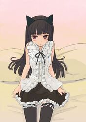  animal_ears bare_shoulders black_hair black_thighhighs blunt_bangs blush cat_ears commentary_request female gokou_ruri hairband highres long_hair ore_no_imouto_ga_konna_ni_kawaii_wake_ga_nai pinzu red_eyes sitting skirt solo thighhighs 