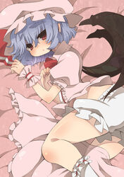  bad_id bad_pixiv_id bat_wings bloomers blue_hair female hat jakey lying on_side red_eyes remilia_scarlet short_hair solo touhou underwear wings wrist_cuffs 