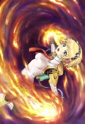  aegis_(persona) amuno android blonde_hair blue_eyes commentary_request female fire headband highres joints necktie persona persona_3 persona_4:_the_ultimate_in_mayonaka_arena robot_joints short_hair 