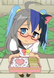  :3 ahoge animal_ears bento_box black_hair blue_eyes blue_hair blush cat_ears clannad crossover drawfag fusion glasses ikeda_kana izumi_konata kud_wafter little_busters! lucky_star moetron multicolored_hair noumi_kudryavka obentou orz_(artist) rice sakagami_tomoyo saki school_uniform seifuku shoes short_twintails silver_hair twintails twintails 