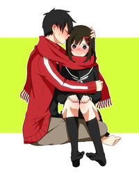  1boy bad_id bad_pixiv_id barefoot black_hair black_sailor_collar black_serafuku black_shirt black_socks blush brown_hair brown_pants closed_eyes closed_mouth collared_jacket couple enpera facing_another facing_to_the_side female fringe_trim from_side full_body green_background hair_ornament hairclip hand_on_another&#039;s_arm hand_on_another&#039;s_head hands_on_own_knees hug indian_style jacket kagerou_project kisaragi_shintarou kneehighs long_hair long_sleeves looking_down mekakucity_actors neckerchief no_shoes open_clothes open_jacket outline pants red_jacket red_scarf sailor_collar scarf school_uniform serafuku shared_clothes shared_scarf shirt short_hair single_stripe sitting sitting_on_person socks straight sweat tateyama_ayano tonari_(z7x8c9) track_jacket two-tone_background wavy_mouth white_background white_neckerchief white_outline white_stripes 