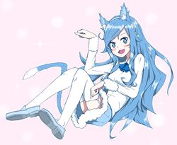  +_+ animal_ears ascot bad_id bad_pixiv_id blue_eyes blue_hair blue_tail blush cat_ears cat_tail eire_(sai_fuji) fangs female full_body fur_trim garter_straps highres himouto!_umaru-chan loafers long_hair long_sleeves looking_at_viewer open_mouth paw_pose pink_background shoe_soles shoes simple_background smile solo symbol-shaped_pupils tachibana_sylphynford tail thighhighs thighs very_long_hair white_thighhighs 