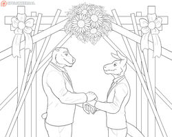  altar anthro bandai_namco bear black_and_white black_tie_(suit) clothed clothing digimon digimon_(species) dragon duo flower fully_clothed hand_holding love male male/male mammal monochrome mythological_creature mythological_scalie mythology orion_eisbaer plant raidramon raidy scalie simple_background spelunker_sal suit sunflower tail wedding white_background 