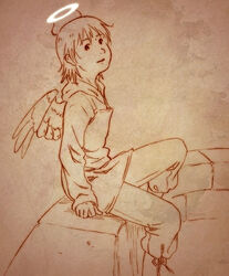  aaru_sentou_shuudan angel bad_link female haibane_renmei halo hood hoodie long_sleeves monochrome orange_theme rakka_(haibane) sitting solo static_cling wings 