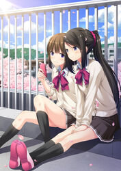  2girls black_hair black_legwear blouse blush bob_cut brown_hair building buttons cardigan cellphone cherry_blossoms cloud cloudy_sky commentary_request day hair_ornament hair_scrunchie hands_on_thighs highres hill holding holding_phone legs_together light_smile long_hair long_sleeves looking_at_object looking_at_phone multiple_girls original outdoors parted_bangs phone photoshop_(medium) pink_footwear pleated_skirt ponytail purple_eyes railing rooftop school_uniform scrunchie shirt shoes sidelocks sitting skirt sky smile socks sun tree white_shirt yoruda 