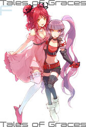  2girls alternate_costume bad_id bad_pixiv_id bare_shoulders belt black_choker breasts cheria_barnes choker cleavage commentary_request copyright_name cosplay dress elbow_gloves flat_chest gloves highres in-franchise_crossover long_hair medium_breasts multiple_girls navel official_cosplay photoshop_(medium) pink_hair purple_eyes purple_hair pyon-kichi reala_(tales) reala_(tales)_(cosplay) red_choker rutee_katrea rutee_katrea_(cosplay) shorts shoulder_pads small_breasts sophie_(tales) tales_of_(series) tales_of_destiny_2 tales_of_graces thighhighs twintails yellow_eyes 