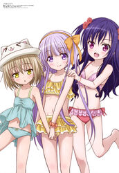  3girls :d absurdres animal_hat barefoot bikini bikini_skirt blue_hair blush bow bracelet cat_hat collarbone copyright_name eyes_visible_through_hair flat_chest flower gotou_jun grey_hair hair_between_eyes hair_flower hair_ornament hairband hairbow hands_on_another&#039;s_shoulders hat head_tilt highres holding_hands jewelry kaneshiro_sora layered_skirt leg_up light_brown_hair long_hair looking_at_viewer magazine_scan megami_magazine momijidani_nozomi multiple_girls navel noguchi_takayuki official_art open_mouth orange_bow orange_hairband orange_scrunchie pink_bikini purple_eyes red_bikini red_eyes red_flower scan scrunchie short_hair simple_background skirt smile swimsuit tenshi_no_3p! two_side_up very_long_hair white_background white_hat wrist_scrunchie yellow_bikini yellow_eyes 