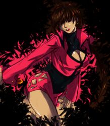  breasts brown_hair cleavage cleavage_cutout clothing_cutout colorized commentary_request dark-skinned_female dark_persona dark_skin derivative_work female h1w0 hair_over_eyes hiroaki_(kof) large_breasts leaning_forward lipstick long_hair makeup miniskirt navel ponytail popped_collar shermie_(kof) skirt solo the_king_of_fighters 