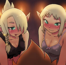  1boy 2girls :p babydoll blush braid breasts chemise cleavage cleophee commentary_request covered_nipples cra_(wakfu) evangelyne_(wakfu) green_eyes hair_over_one_eye iop_(wakfu) large_breasts long_hair multiple_girls naughty_face painttool_sai_(medium) pointy_ears short_hair siblings side_braid sisters small_breasts spaghetti_strap straight sweatdrop tongue tongue_out tristepin_percedal tsukudani_(coke-buta) wakfu you_gonna_get_raped 