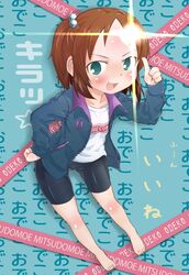  abukawa barefoot bike_shorts blue_eyes brown_hair commentary_request extra female forehead mitsudomoe_(manga) quick_waipa solo 