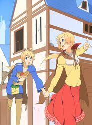  1boy alma_beoulve apple bag baguette blonde_hair blue_eyes bread brother_and_sister cape dress female female final_fantasy final_fantasy_tactics food fruit hand_holding holding_hands izumi_(ko8) long_hair looking_back male open_mouth pointing ponytail ramza_beoulve red_ribbon ribbon siblings skirt thighhighs 