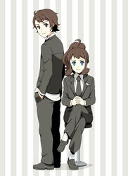  1boy alternate_costume bad_id bad_pixiv_id blue_eyes brown_eyes brown_hair chair crossed_legs female formal hands_in_pockets high_ponytail hilbert_(pokemon) hilda_(pokemon) koitsu_(blue) long_hair looking_at_viewer necktie pokemon pokemon_bw short_hair sitting standing striped striped_background suit 