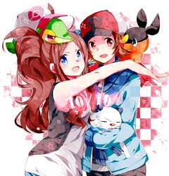  :d bad_id bad_pixiv_id bare_shoulders baseball_cap blue_eyes borrowed_garments brown_hair female gen_5_pokemon hat hat_removed headwear_removed high_ponytail holding holding_pokemon hug jacket long_hair looking_at_viewer naru_(andante) on_head open_mouth oshawott pokemon pokemon_(creature) pokemon_(game) pokemon_bw pokemon_on_head pokemon_on_shoulder red_eyes shirt short_hair smile snivy star tepig touko_(pokemon) touya_(pokemon) vest 