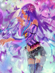  bad_id bad_pixiv_id blue_eyes dark-skinned_female dark_skin female flower hair_flower hair_ornament long_hair merli_(vocaloid) purple_hair shorts solo thighhighs vocaloid yamakawa_umi 