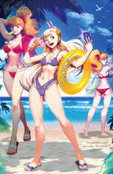  3girls absurdres ass barefoot beach bikini bird blonde_hair blue_sky breasts butt_crack capcom capcom_fighting_jam cellphone cleavage cloud commentary day effie_(street_fighter) feet final_fight food genryuusai_maki genzoman highres ice_cream ice_cream_cone imageboard_desourced ingrid_(capcom) innertube large_breasts looking_at_viewer medium_breasts multiple_girls nail_polish navel non-web_source ocean open_mouth outdoors palm_tree phone sandals seagull selfie sky small_breasts smile stomach street_fighter street_fighter_iii_(series) swim_ring swimsuit toenail_polish toenails toes tree unworn_shirt water 