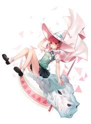  azure090 commentary_request female hat heart highres kazari_rin long_legs mary_janes musical_note pink_eyes pink_hair ribbon school_uniform scythe shoes short_hair skirt skull solo witch_craft_works witch_hat 