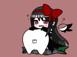  akemi_homura akuma_homura black_gloves black_hair black_wings chibi commentary_request dress elbow_gloves fc_(efushii) feathered_wings female gloves hair_ribbon lilia_(madoka_magica) long_hair mahou_shoujo_madoka_magica mahou_shoujo_madoka_magica:_hangyaku_no_monogatari ribbon simple_background solo spoilers thighhighs wings 