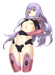  92m bodysuit breasts commentary_request cropped_legs elena_zakharov female hand_on_own_chest long_hair medium_breasts open_mouth parted_lips purple_eyes purple_hair simple_background solo steel_chronicle underboob white_background 