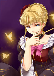  bad_id bad_pixiv_id beatrice_(umineko) blonde_hair blue_eyes bow bug butterfly dress female highres kiseru photoshop_(medium) pink_bow smile smirk smoking_pipe solo umineko_no_naku_koro_ni yellow_butterfly yuzun 