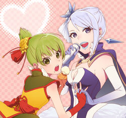  2girls abe_(f!mixture) adapted_costume alternate_hairstyle bad_id bad_pixiv_id blue_eyes blue_hair blue_rose breasts chinese_clothes cleavage crystal_earrings dragon_kid earrings elbow_gloves fingerless_gloves flower gloves green_eyes green_hair hair_flower hair_ornament hat holding_hands huang_baoling interlocked_fingers jewelry karina_lyle lipstick makeup medium_breasts microphone multiple_girls short_hair short_ponytail superhero_costume tiger_&amp;_bunny 