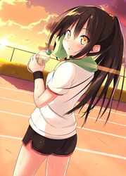  black_hair black_shorts blush bottle commentary_request female gym_shorts gym_uniform long_hair looking_at_viewer looking_back original ponytail shorts solo sunset sweat takanashi_sora_(soramyon) towel yellow_eyes 