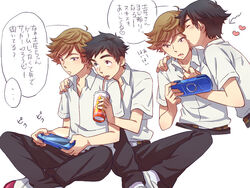  2boys black_hair brown_hair cheek_kiss doi_shinpei hourou_musuko kiss_on_cheek kissing male male_focus mcdonald&#039;s mcdonalds multiple_boys oka_takanori playstation_portable school_uniform short_hair yaoi zoff_(daria) 