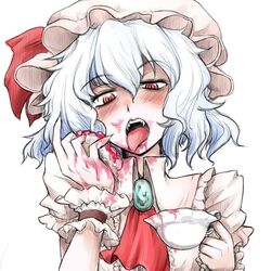  bat_wings blue_hair commentary_request cup fangs female food fruit hat naui_kudan pie red_eyes remilia_scarlet short_hair solo strawberry teacup touhou wings 