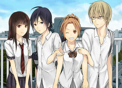  2boys 2girls 3u azuki_miho bad_id bad_pixiv_id bakuman black_hair blonde_hair blue_eyes bow bowtie brown_eyes brown_hair cityscape glasses grin lineup long_hair looking_at_viewer mashiro_moritaka miyoshi_kaya multiple_boys multiple_girls necktie one_eye_closed school_uniform skirt smile takagi_akito v 