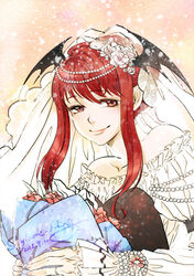  artist_name beads bouquet bridal_veil collarbone commentary_request dated demon_wings dress eyelashes female fingernails flower hair_beads hair_ornament hair_up happy heaven_condition jewelry koakuma light_smile lips long_fingers long_hair long_sleeves looking_at_viewer nail_polish neck nose off-shoulder_dress off_shoulder photoshop_(medium) pink_nails pointy_ears red_eyes red_hair ring rose semei_(skylarkmei) smile solo touhou veil wedding_dress wedding_ring white_dress wings 