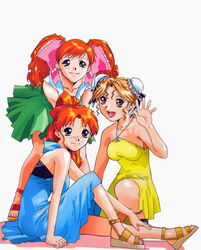  1990s_(style) 3girls aqua_eyes asahina_yurina blue_dress brown_eyes bun_cover double_bun dress green_skirt hair_bun hayasaka_akira high_ponytail highres leaning_forward light_brown_hair long_hair looking_at_viewer mana_(super_real_mahjong) multiple_girls official_art open_mouth orange_hair retro_artstyle sandals short_hair simple_background sitting skirt smile squatting super_real_mahjong tanaka_ryou twintails waving white_background yellow_dress 