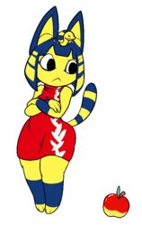  aintsmart allergy animal_crossing ankha_(animal_crossing) anthro apple clothed clothing crossed_arms domestic_cat dress felid feline felis female food fruit mammal nintendo plant short_stack simple_background solo thick_thighs uraeus white_background wide_hips 