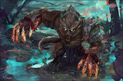  abs angry anthro armband armor big_muscles black_nose blue_eyes bottomwear bright_eyes brown_body brown_fur canid canine clothed clothing collar cuff_(restraint) detailed detailed_background digitigrade fangs fire footband fur glowing glowing_eyes handband hi_res league_of_legends light loincloth magic male mammal marc_sampson muscular muscular_anthro muscular_male mythological_canine mythological_creature mythology open_mouth pecs pose restraints riot_games shackles sharp_teeth solo spikes teeth tencent topless warwick_(lol) water were werecanid werecanine werewolf 