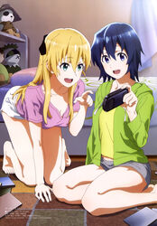  2girls :d absurdres all_fours bare_shoulders bed bedroom blonde_hair blue_eyes blue_hair breasts cardigan cleavage collarbone copyright_name eyes_visible_through_hair furuhashi_satoshi gamers! green_eyes grey_shorts hair_between_eyes highres holding hoshinomori_chiaki index_finger_raised indoors long_hair magazine_scan medium_breasts megami_magazine multiple_girls official_art open_cardigan open_clothes open_mouth purple_shirt scan shirt short_hair short_shorts short_sleeves shorts sitting smile sweater tendou_karen white_shorts yellow_shirt 