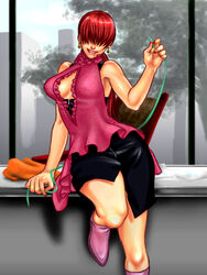  against_wall alternate_costume bare_shoulders boots breasts casual cleavage cleavage_cutout clothing_cutout commentary earrings english_commentary female hair_over_eyes jewelry kabane_(follabi) large_breasts nail_polish pink_footwear red_hair shermie_(kof) short_hair skirt smile solo split_ponytail string the_king_of_fighters wide_hips 