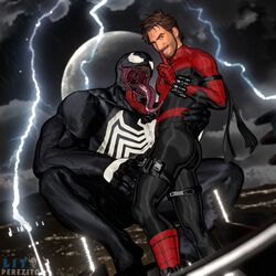  2boys 3d 3d_(artwork) 3d_model daemoncollection duo duo_focus enemies_to_lovers gay hero_and_villain human implied_relationship light-skinned_male light_skin lightning male male/male male_focus male_only marvel miguel_o&#039;hara pairing parasitic_possession rainy spider-man spider-man_(series) stormy_night superhero superhero_costume thigh_holster thunder venom_(marvel) yaoi 